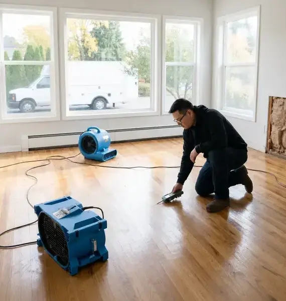 Technician confirming a hardwood floor is dry before water damage rebuild work in Bay Village, OH