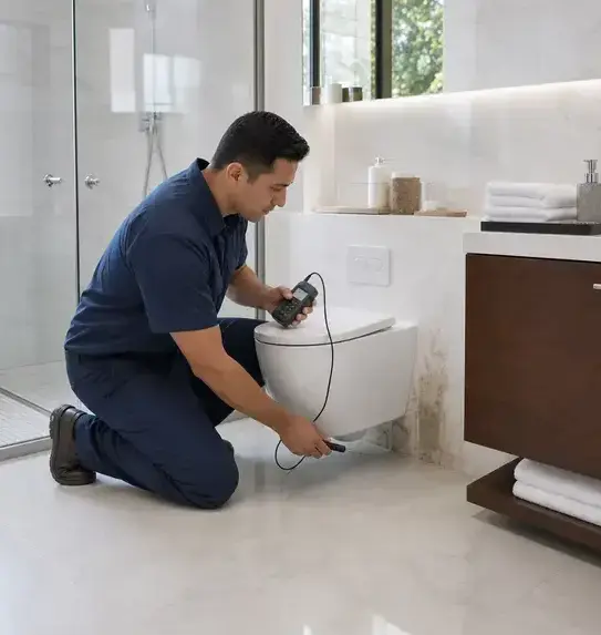 Technician checking moisture around a toilet and a water-stained bathroom wall in Bay Village, OH