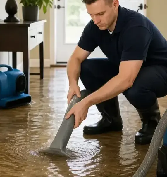 Technician removing standing water from a floor with an extraction wand in Bay Village, OH