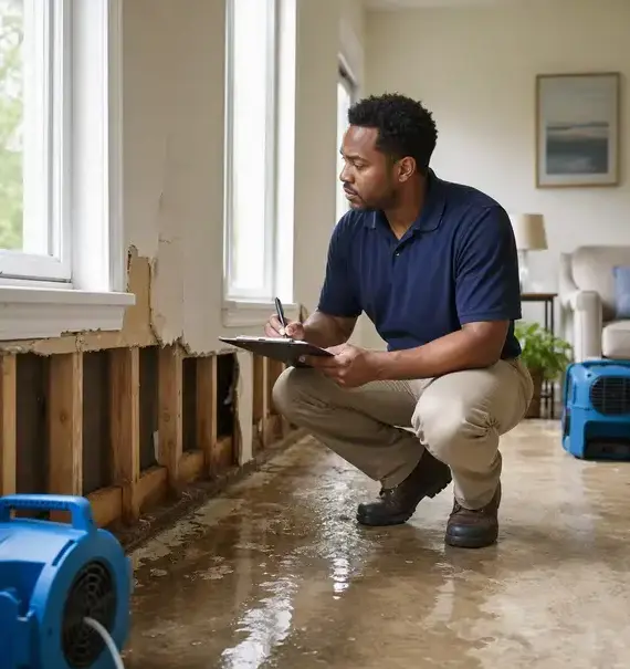 Technician documenting water damage on a clipboard to support an insurance claim in Bay Village, OH