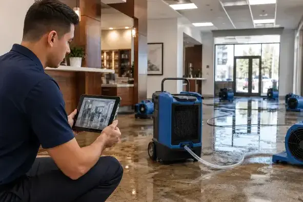 Technician reviewing moisture readings beside a dehumidifier and air movers in a flooded lobby in Bay Village, OH