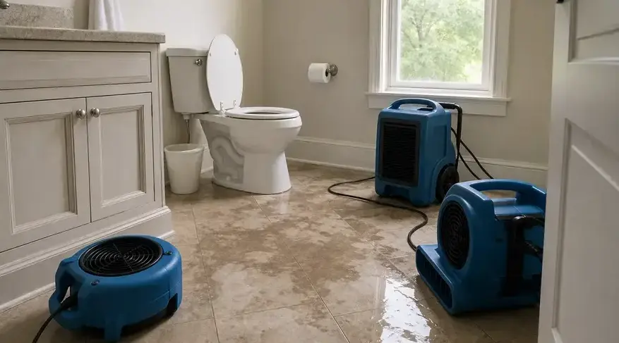 Air movers and a dehumidifier drying a bathroom floor after a toilet overflow in Bay Village, OH