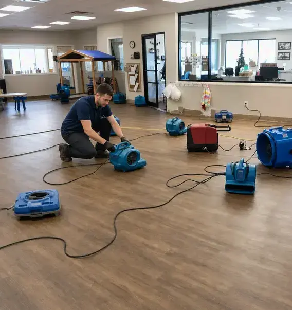 Technician placing air movers across a wet floor during commercial water damage restoration in Bay Village, OH