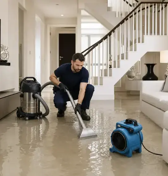 Technician extracting floodwater from a flooded lower level during basement flood cleanup in Bay Village, OH
