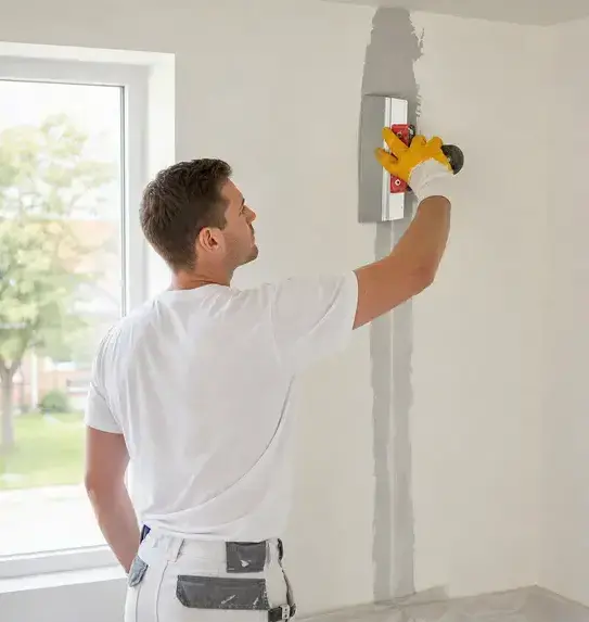 Worker taping and finishing a repaired drywall seam after water damage in Bay Village, OH