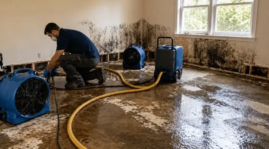 Technician drying an emptied, water-damaged room after its contents were packed out in Bay Village, OH