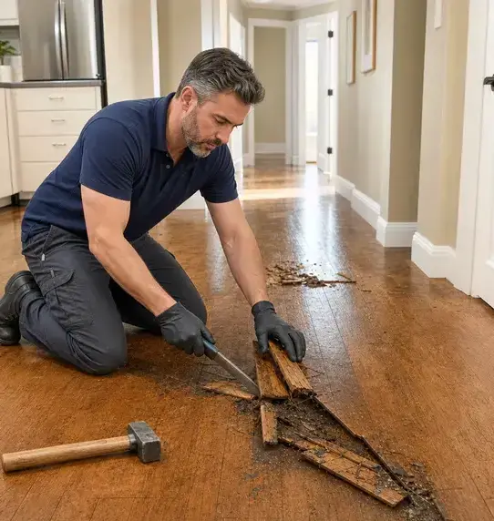 Technician prying up water-damaged hardwood floorboards in Bay Village, OH