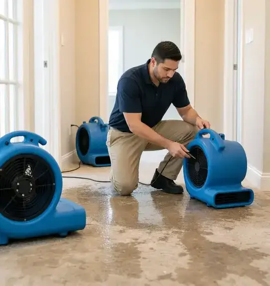 Technician setting up air movers on a wet hallway floor after a burst pipe in Bay Village, OH
