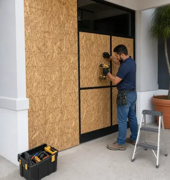 Worker screwing plywood over storefront windows during an emergency board-up in Bay Village, OH