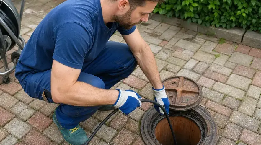 Technician running a drain line into an outdoor sewer access in Bay Village, OH