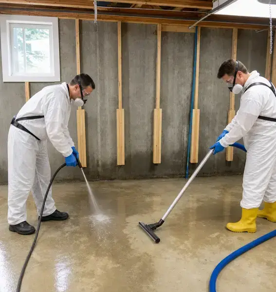 Workers in protective suits and respirators cleaning a basement floor after a sewage backup in Bay Village, OH