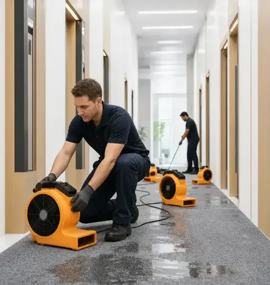 Technician placing air movers to dry a water-damaged carpeted hallway in Bay Village, OH