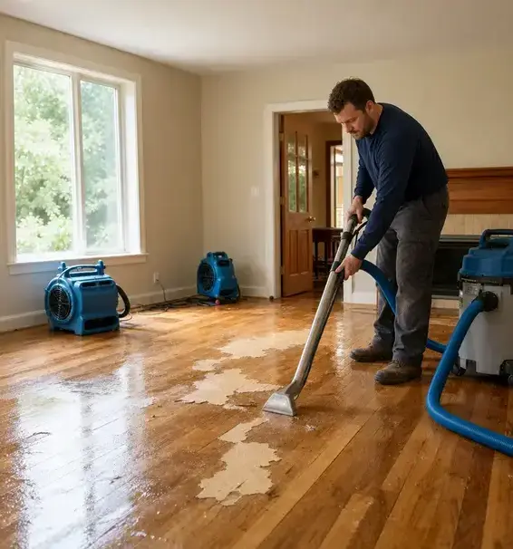 Technician extracting water from a hardwood floor as air movers dry the room during water mitigation in Bay Village, OH