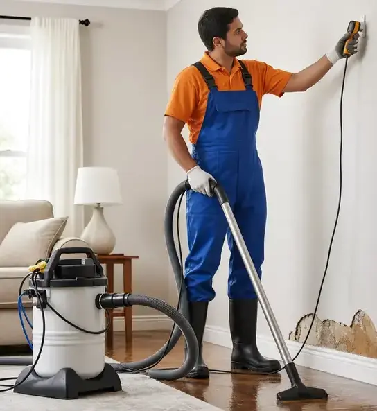 Restoration worker checking a water-damaged wall with a moisture meter in Bay Village, OH