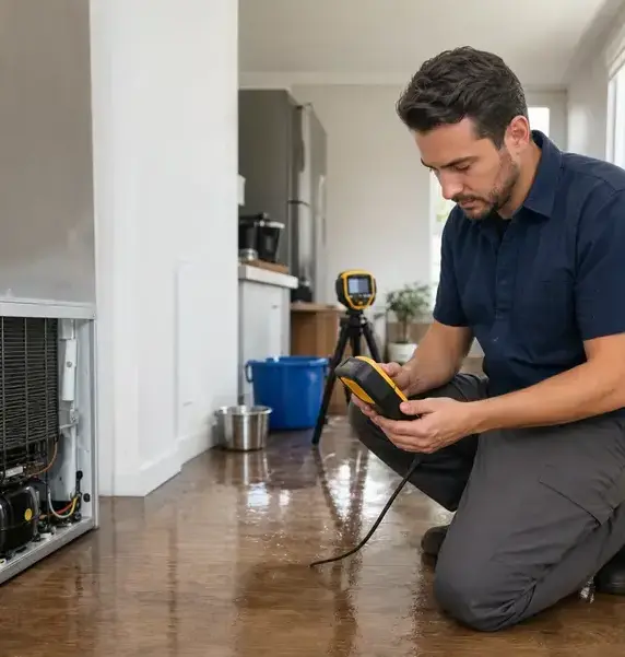 Technician checking moisture on a wet kitchen floor beside a leaking appliance in Bay Village, OH