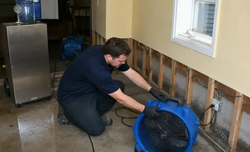 Technician positioning an air mover beside cut-back drywall to dry a flooded room in Bay Village, OH