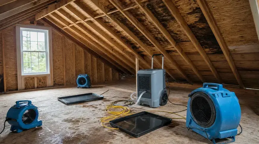 Dehumidifier and air movers drying an attic with water-stained roof sheathing in Bay Village, OH
