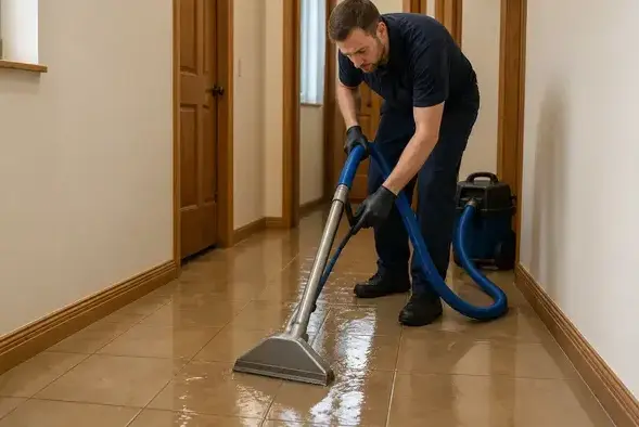Technician extracting water from a tiled hallway floor in Bay Village, OH