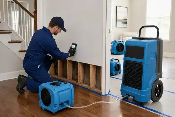 Technician checking moisture behind removed drywall with air movers and a dehumidifier after a flood in Bay Village, OH